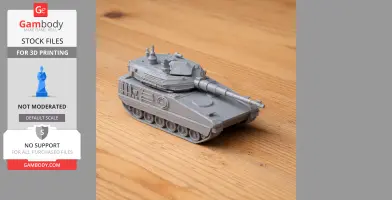 Gray 3D-printed model of a tank with a detailed turret and tracks on a wooden surface.