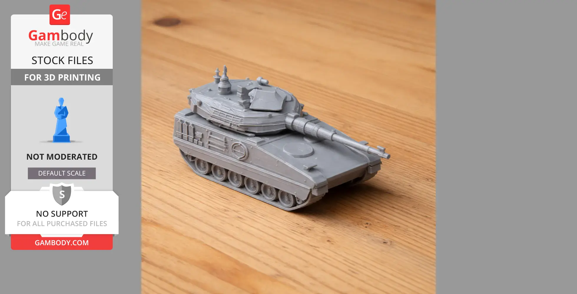 Gray 3D-printed model of a tank with a detailed turret and tracks on a wooden surface.