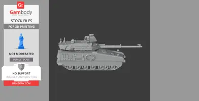3D model of a detailed tank, side view, showing tracks and turret for printing.
