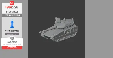 A 3D model of a detailed military tank with a turret, cannon, and track wheels, ready for printing.