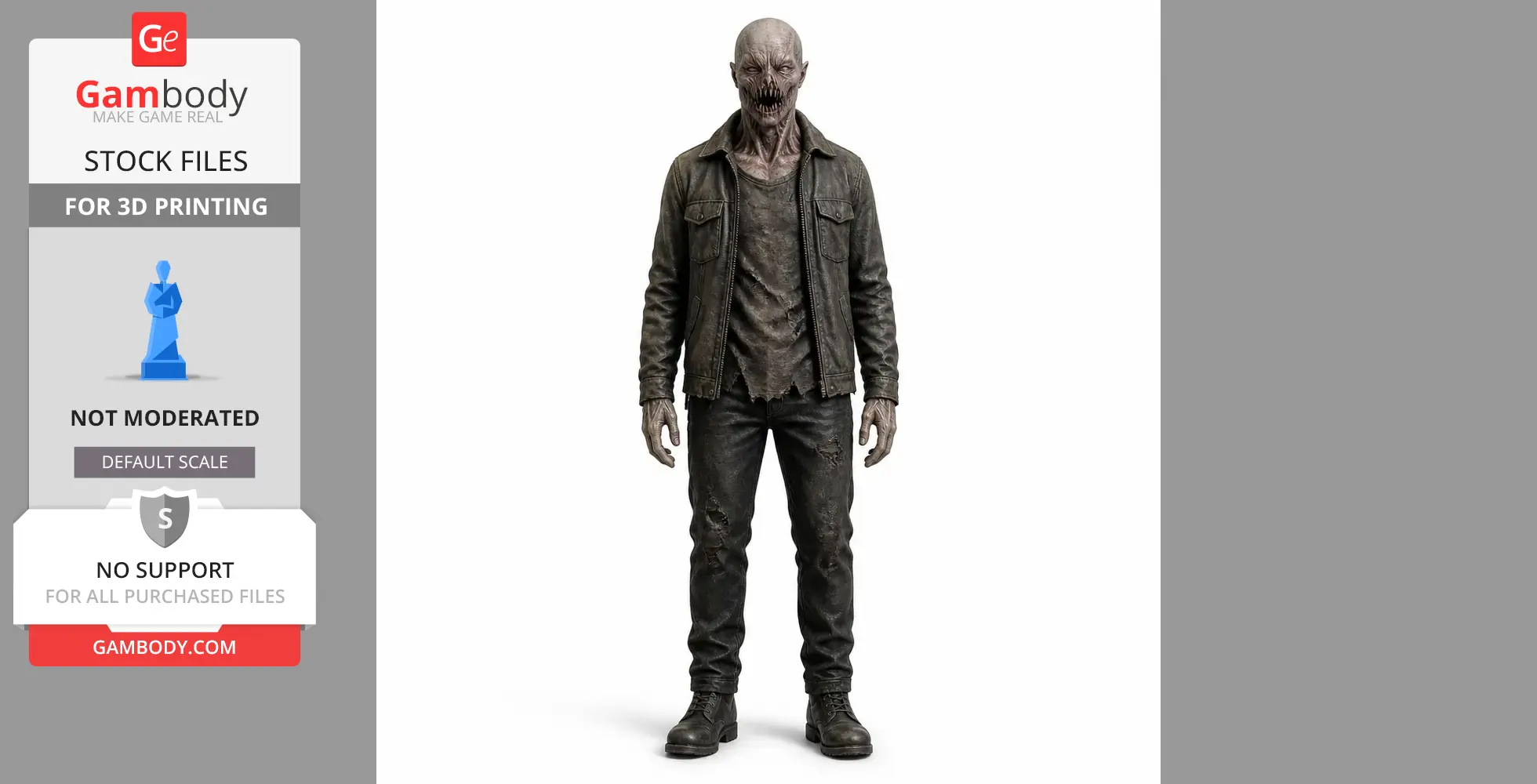 A creepy humanoid creature with an open mouth, wearing a tattered jacket and pants, standing upright.