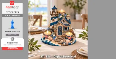 Coastal-themed lighthouse tealight holder with shells, flowers, and a small house design for 3D printing.