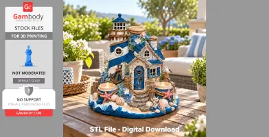 Coastal lighthouse tealight holder with intricate nautical details and vibrant blue accents, perfect for 3D printing.