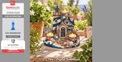 A colorful coastal lighthouse house tealight holder with starfish and shells, surrounded by plants.