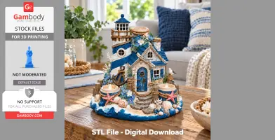 Coastal lighthouse tealight holder with nautical decor and blue accents; STL file for 3D print.