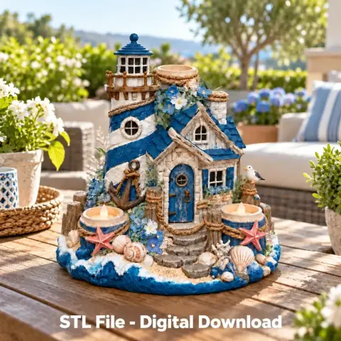 Coastal lighthouse tealight holder with nautical decor, shells, and starfish on a table.