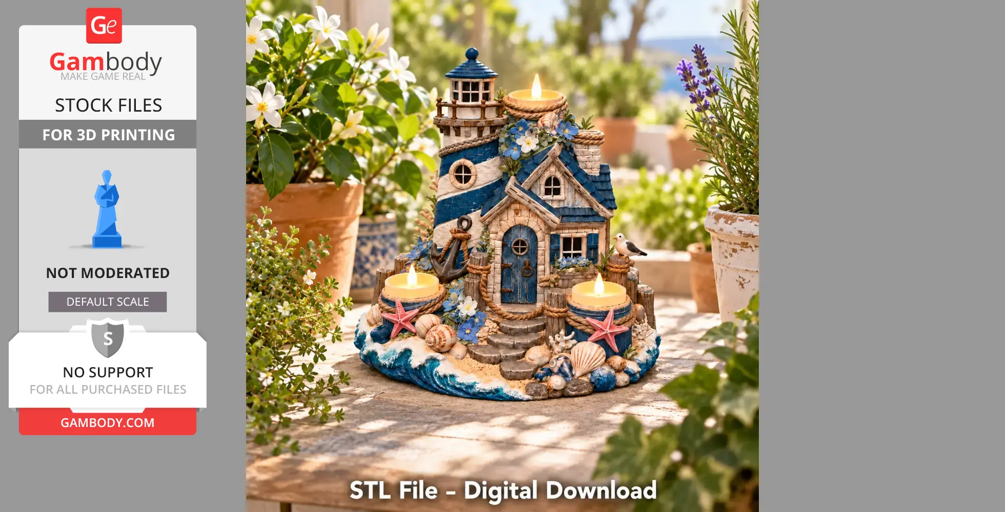 A colorful coastal lighthouse house tealight holder with starfish and shells, surrounded by plants.