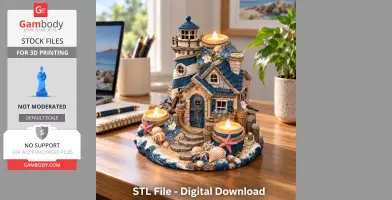 A detailed 3D model of a coastal lighthouse tealight holder with seashell and starfish decor.