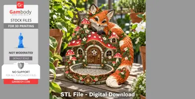 A whimsical fox-shaped house key holder with mushroom roof and floral details for 3D printing.