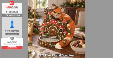 A decorative fox-shaped key holder with a whimsical house design, adorned with mushrooms and flowers.