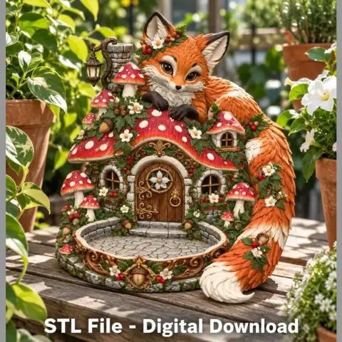 Cute fox figure on a whimsical mushroom house-shaped key holder with floral details.