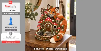Fox-shaped house key holder with mushroom details on a wooden table.
