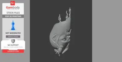 3D model of a stylized head with detailed features and horns, resembling a mythical character.