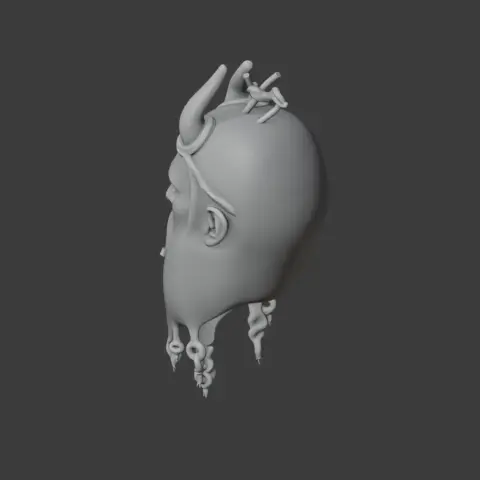 3D model of a head with horns, detailed beard, and intricate headpiece for 3D printing.