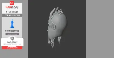 3D model of a bearded head with horns and intricate braids, shown in profile view.