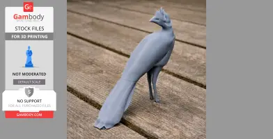 Gray 3D-printed model of a bird with a crest and long tail, standing on a wooden surface.