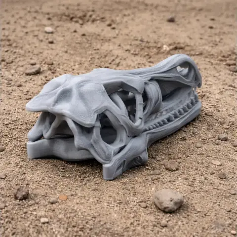 Gray 3D-printed dinosaur skull on a sandy surface.