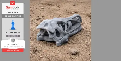 3D-printed replica of a Wiehenvenator skull on a sandy surface.