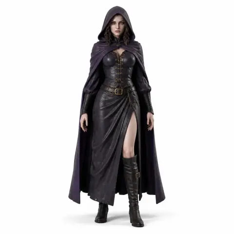 Hooded female character in a dark dress with a slit, belt, and boots, standing confidently.