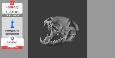 3D model of an open-mouthed wolf skull, detailed for 3D printing.