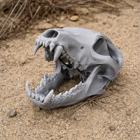 A detailed wolf skull replica with sharp teeth, placed on sandy ground with dried grass.
