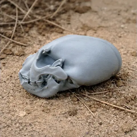 A detailed gray skull replica rests on sandy ground with scattered twigs.