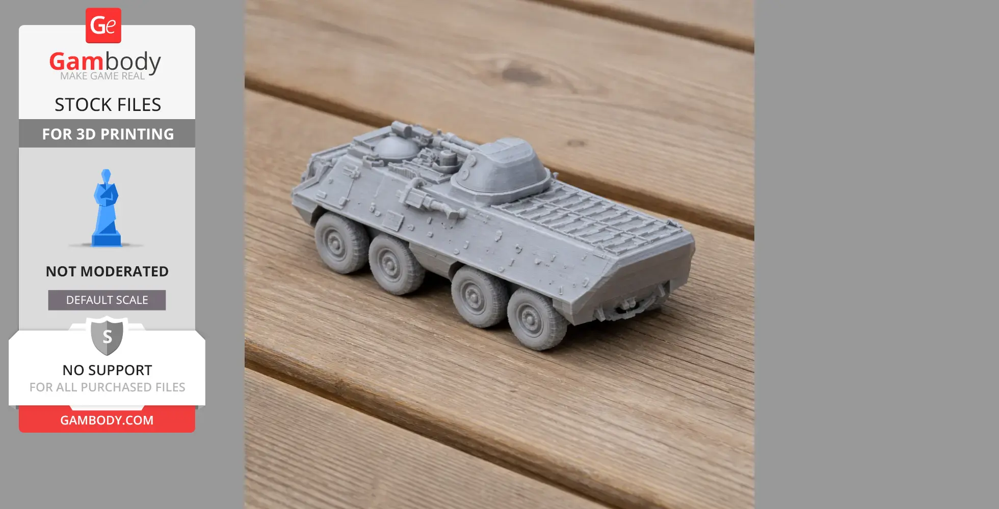 Gray 3D-printed model of an OT-64 SKOT tank on a wooden surface.