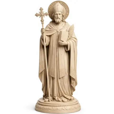 A detailed 3D model of a saintly figure holding a cross and book, wearing religious robes.