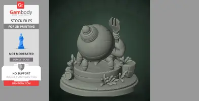 A cartoon crab figure with a shell, holding a fork on a detailed ocean-themed base for 3D printing.