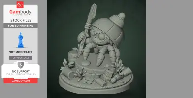 Character figure of a crab holding a fork, surrounded by underwater debris and plants on a base.