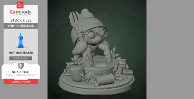 A cute crab character with a fork, wearing a helmet, surrounded by barrels and sea plants on a round base.