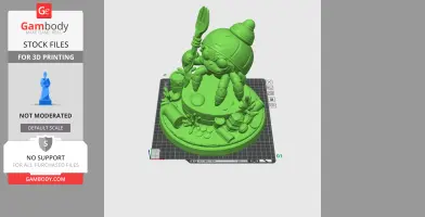 A stylized crab character holding a fork on a detailed base with debris, for 3D printing.
