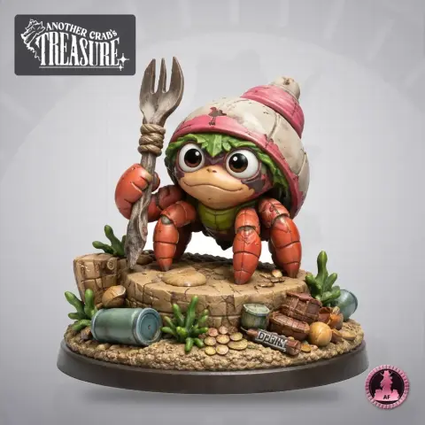 Cartoon crab in a shell holding a fork on a sandy base with rocks and plants.
