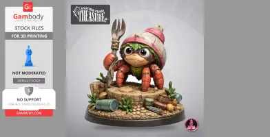 A cartoon crab character holding a trident, standing on a decorated base with seashells and debris.
