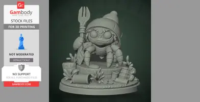 A cute crab character holding a fork, wearing a shell hat, surrounded by ocean-themed decorations.