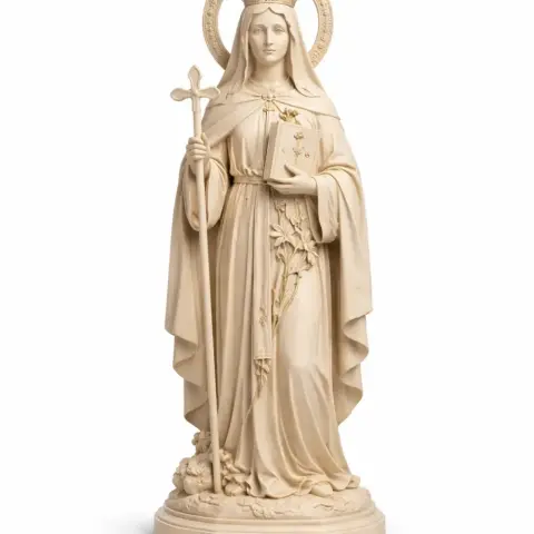 A statue of a robed woman holding a cross staff, adorned with a halo and floral details.