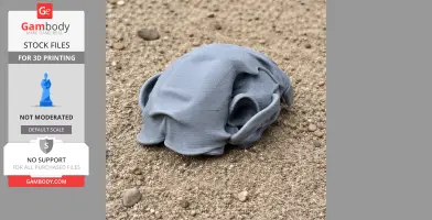 A gray 3D-printed skull partially buried in sand.