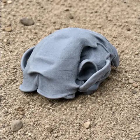 A 3D-printed gray skull replica resembling Wudingloong, placed in sand.