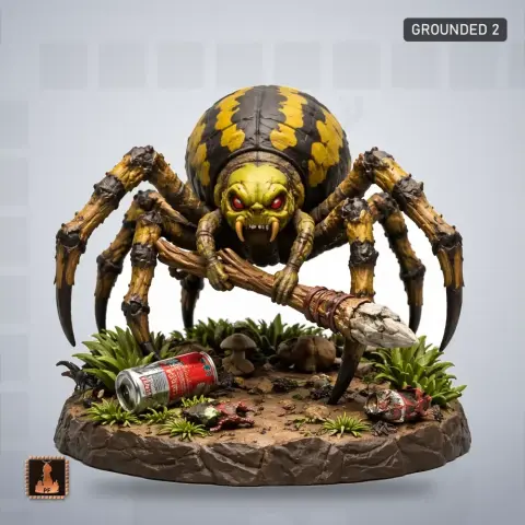 A detailed 3D model of a menacing spider with a spear on a diorama base with foliage and small debris.
