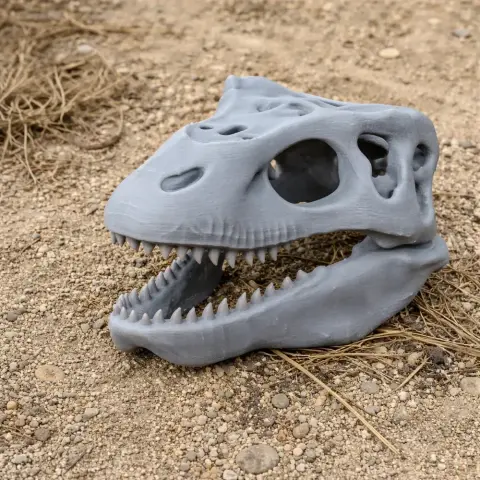 3D printed Wuerhosaurus skull replica on sandy ground with dry grass.