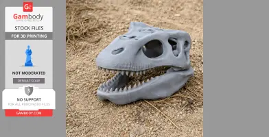 3D-printed Wuerhosaurus skull replica placed on sandy ground, mouth open, showing detailed teeth.