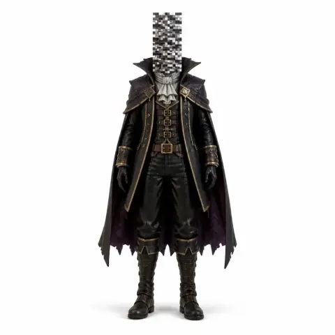 A figure with a pixelated head, wearing a dark, detailed coat and boots, styled as a vampire character.