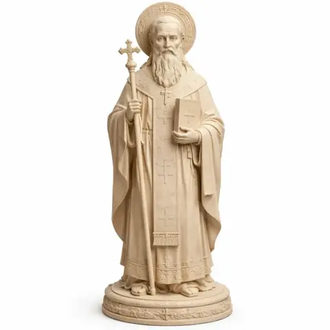 A detailed 3D model of Saint Athanasius holding a staff and book, in religious attire.