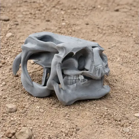 A detailed, gray 3D-printed Ypupiara skull replica resting on a sandy surface.