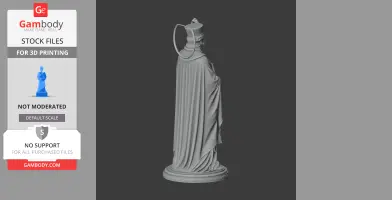 A detailed statue of a robed figure wearing a headpiece, standing on a round pedestal.