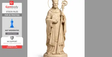 A detailed 3D model of a saintly bishop figure with robes and staff, designed for 3D printing.