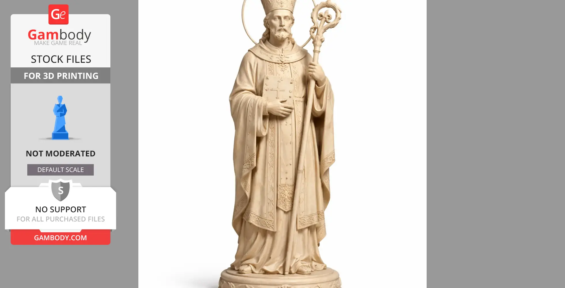 A detailed 3D model of a saintly bishop figure with robes and staff, designed for 3D printing.