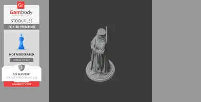 A detailed 3D model of a robed figure holding a staff, standing on a circular base.