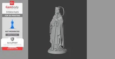 A detailed 3D printable statue of a robed figure holding a book and staff, standing on a round base.