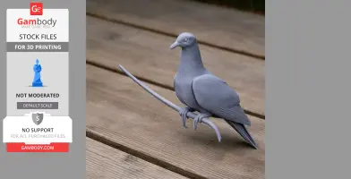 Gray 3D-printed model of a prehistoric pigeon with detailed feathers, perched on a curved branch.